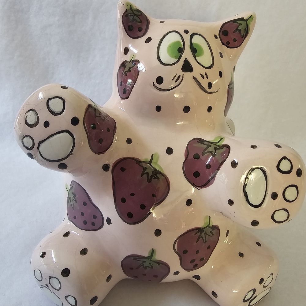 Vtg Ceramic Hand Painted Pink Cat Bank W/Strawberries & Stopper Cute Funny